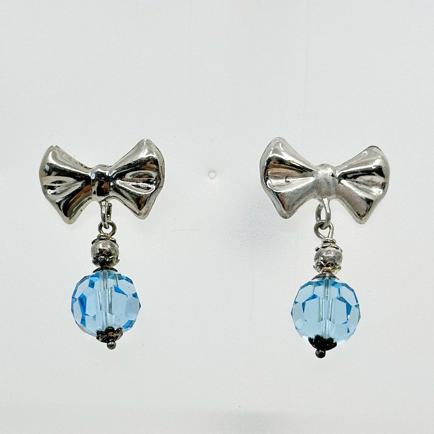 Vintage Sterling silver crystal bead ribbon bow earrings GM743