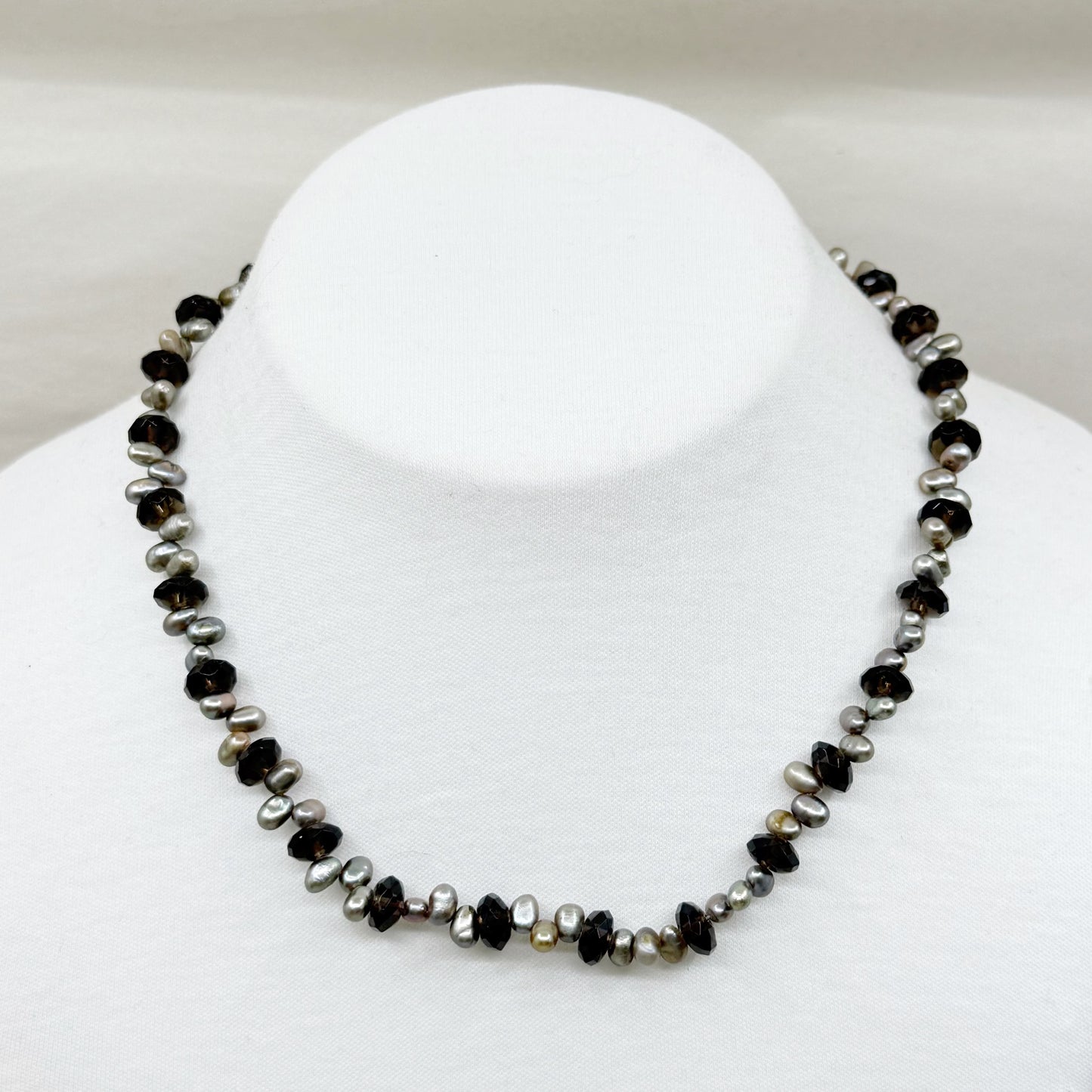 Hand Made sterling silver smoky quartz & freshwater pearl bead necklace - GM75