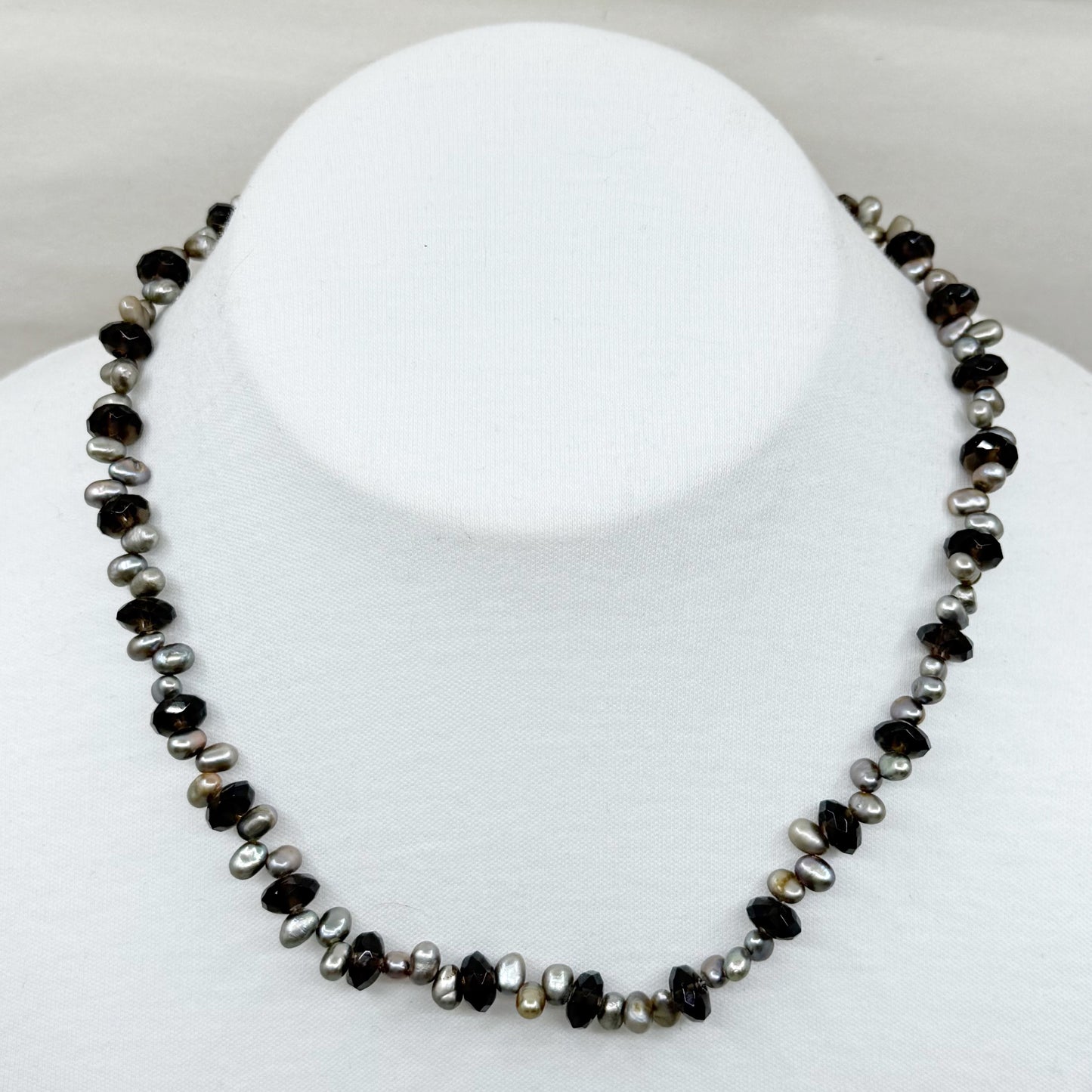 Hand Made sterling silver smoky quartz & freshwater pearl bead necklace - GM75