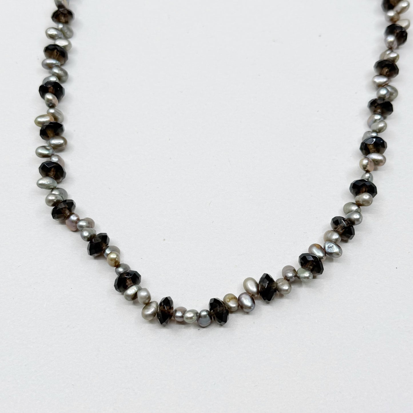Hand Made sterling silver smoky quartz & freshwater pearl bead necklace - GM75