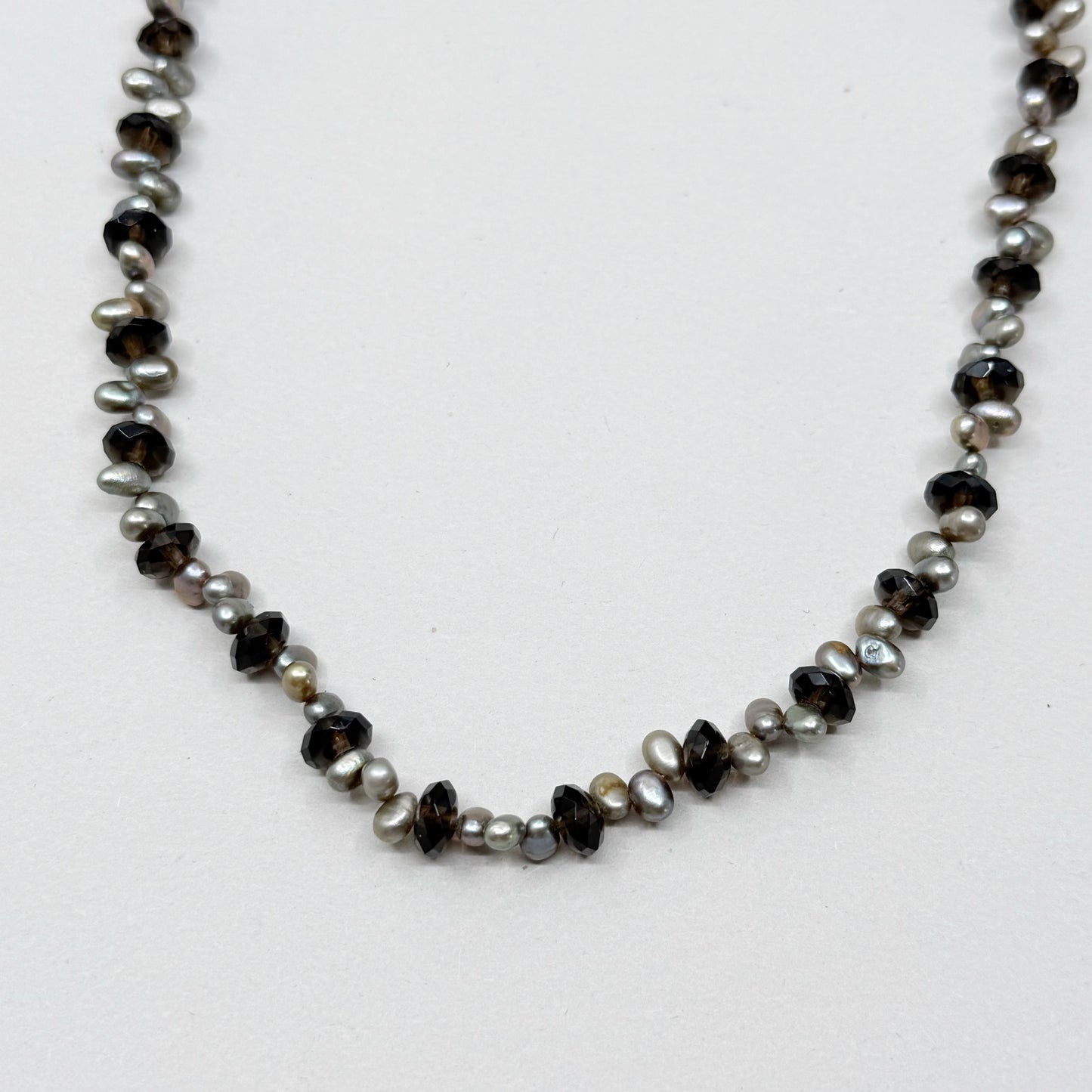 Hand Made sterling silver smoky quartz & freshwater pearl bead necklace - GM75