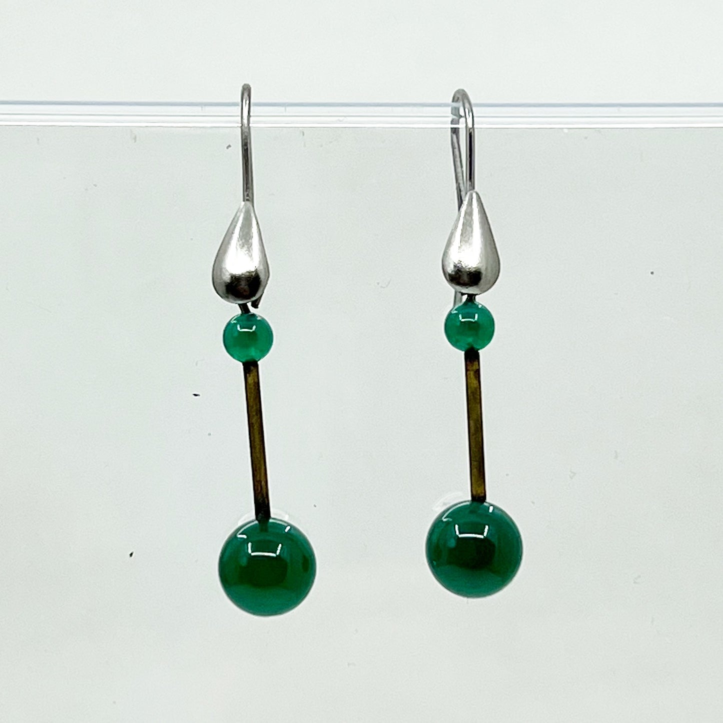 Hand Made sterling silver & brass chrysoprase bead earrings GM756