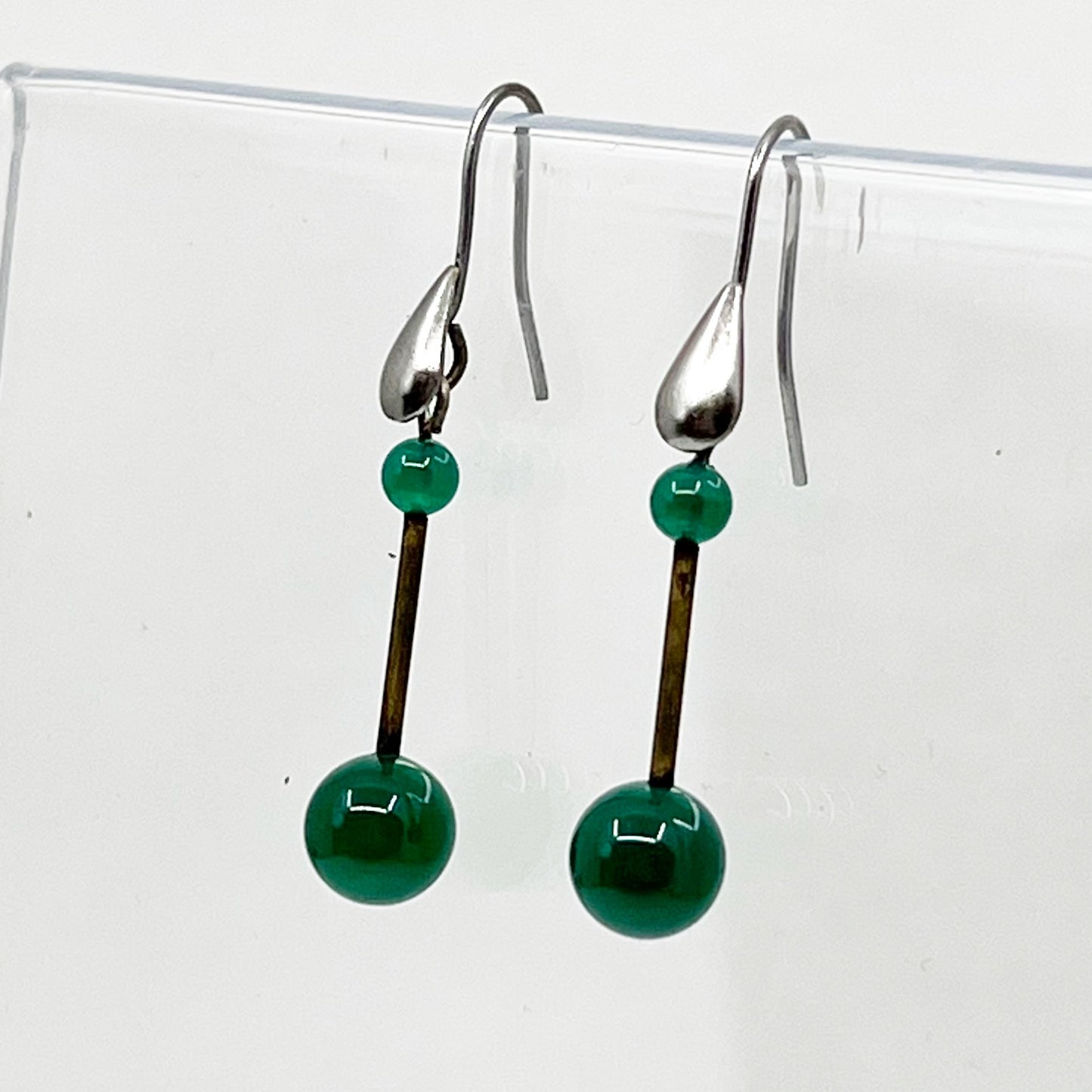 Hand Made sterling silver & brass chrysoprase bead earrings GM756