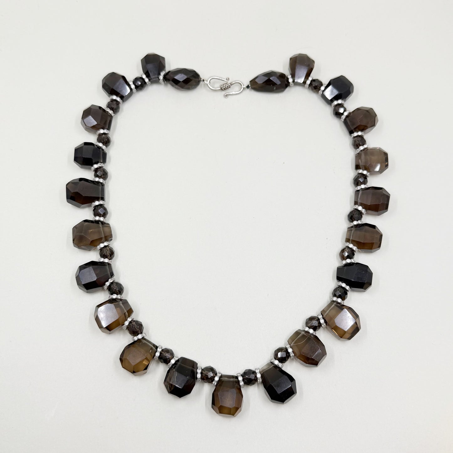 Hand Made sterling silver smoky quartz & cubic zirconia Nefertiti bead necklace - GM77