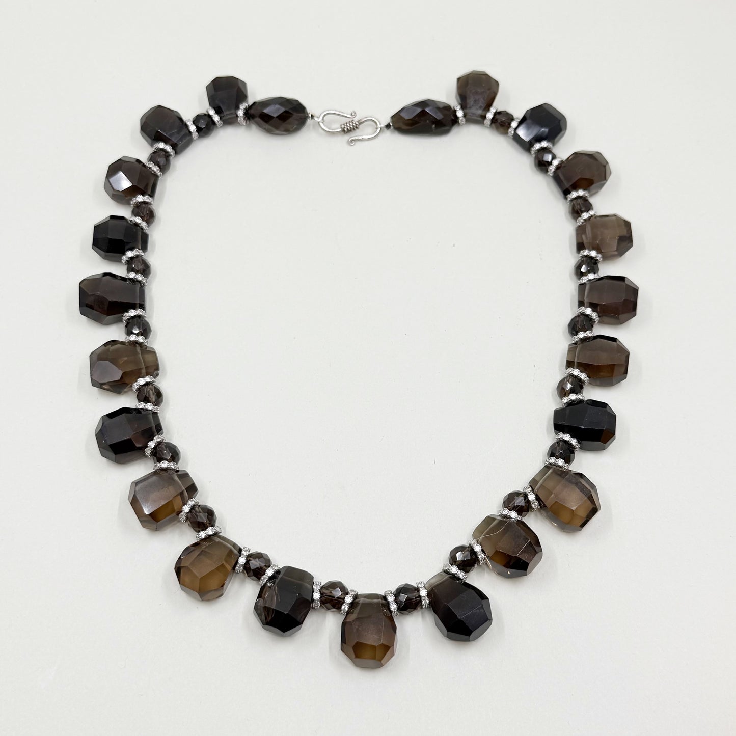 Hand Made sterling silver smoky quartz & cubic zirconia Nefertiti bead necklace - GM77