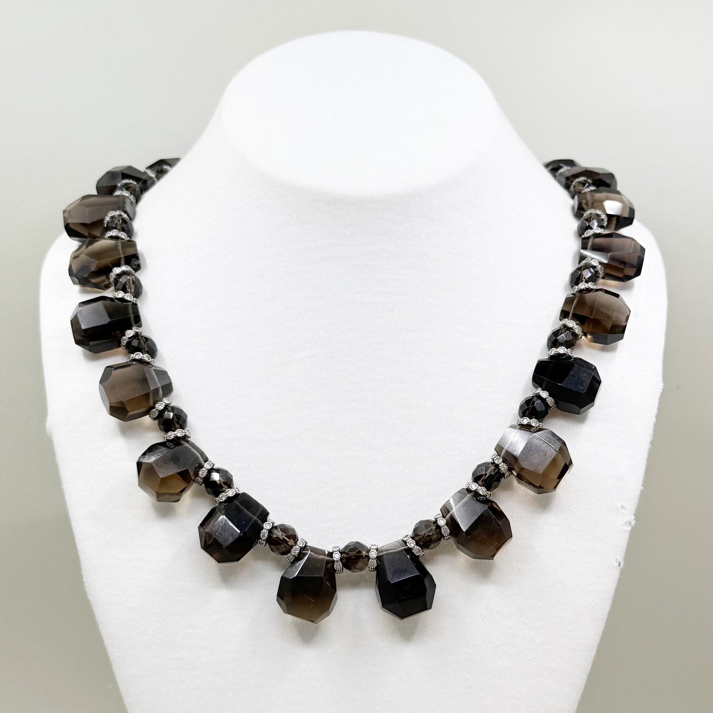Hand Made sterling silver smoky quartz & cubic zirconia Nefertiti bead necklace - GM77