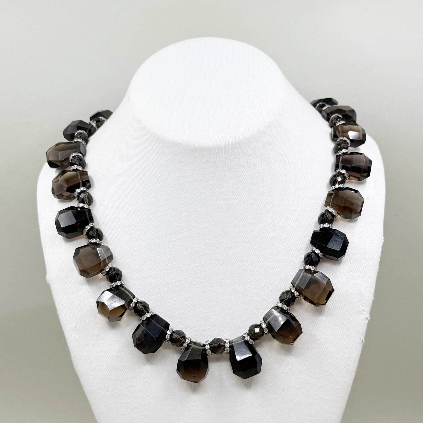 Hand Made sterling silver smoky quartz & cubic zirconia Nefertiti bead necklace - GM77