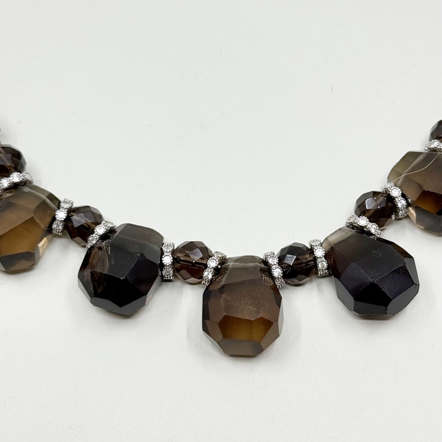 Hand Made sterling silver smoky quartz & cubic zirconia Nefertiti bead necklace - GM77