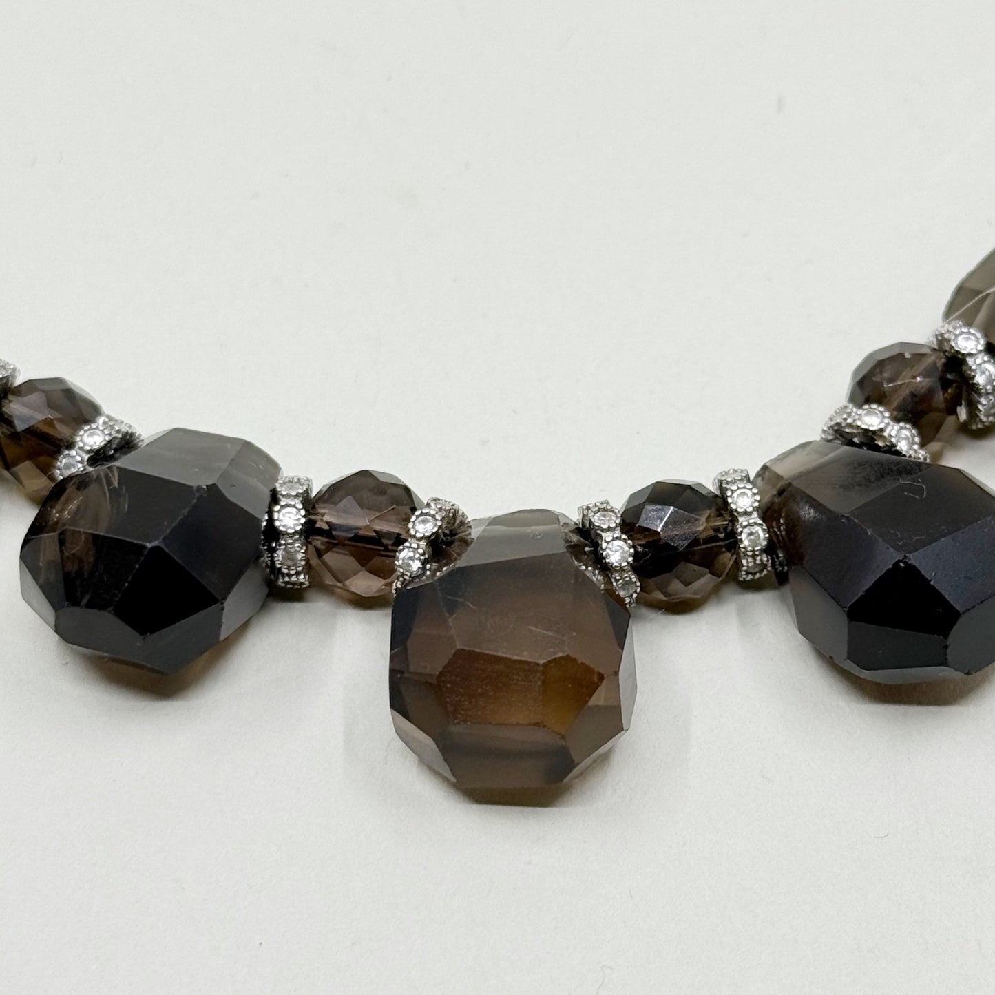Hand Made sterling silver smoky quartz & cubic zirconia Nefertiti bead necklace - GM77