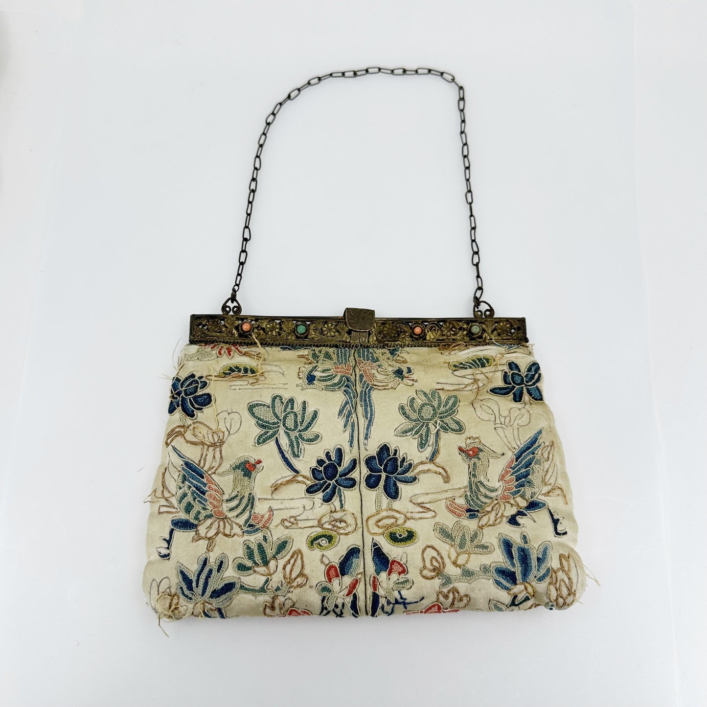 Antique Gold Gilt Chinese Silk Embroidered coral & turquoise Purse GM811