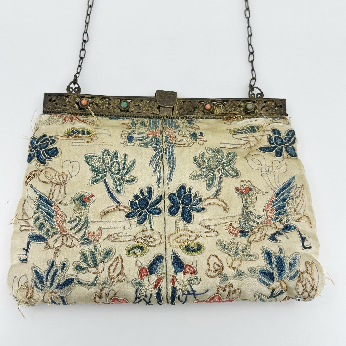 Antique Gold Gilt Chinese Silk Embroidered coral & turquoise Purse GM811