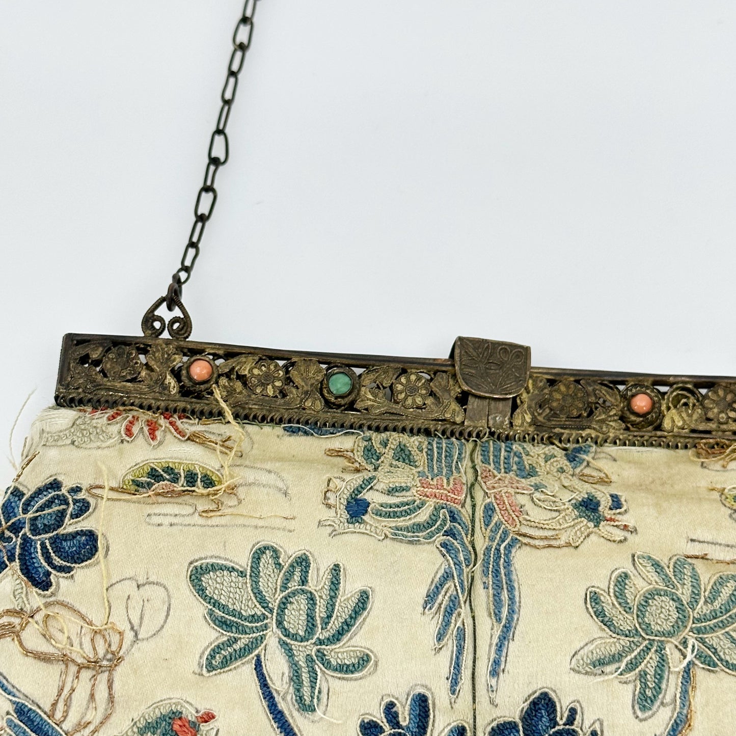 Antique Gold Gilt Chinese Silk Embroidered coral & turquoise Purse GM811