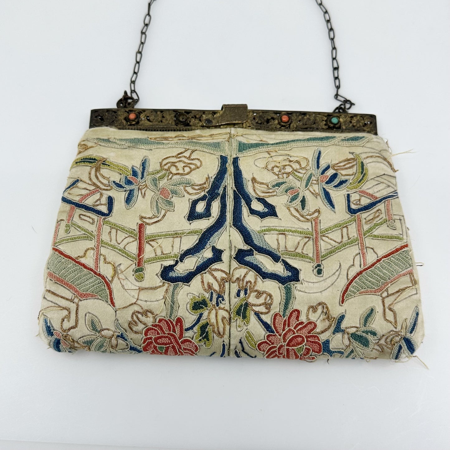 Antique Gold Gilt Chinese Silk Embroidered coral & turquoise Purse GM811