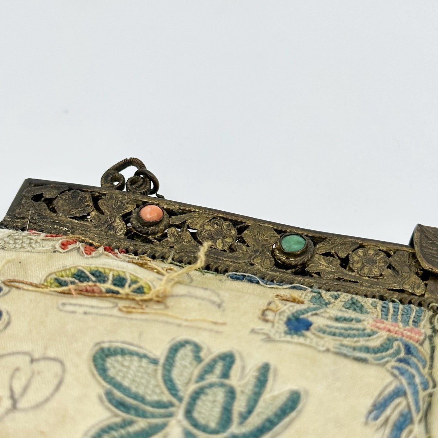 Antique Gold Gilt Chinese Silk Embroidered coral & turquoise Purse GM811