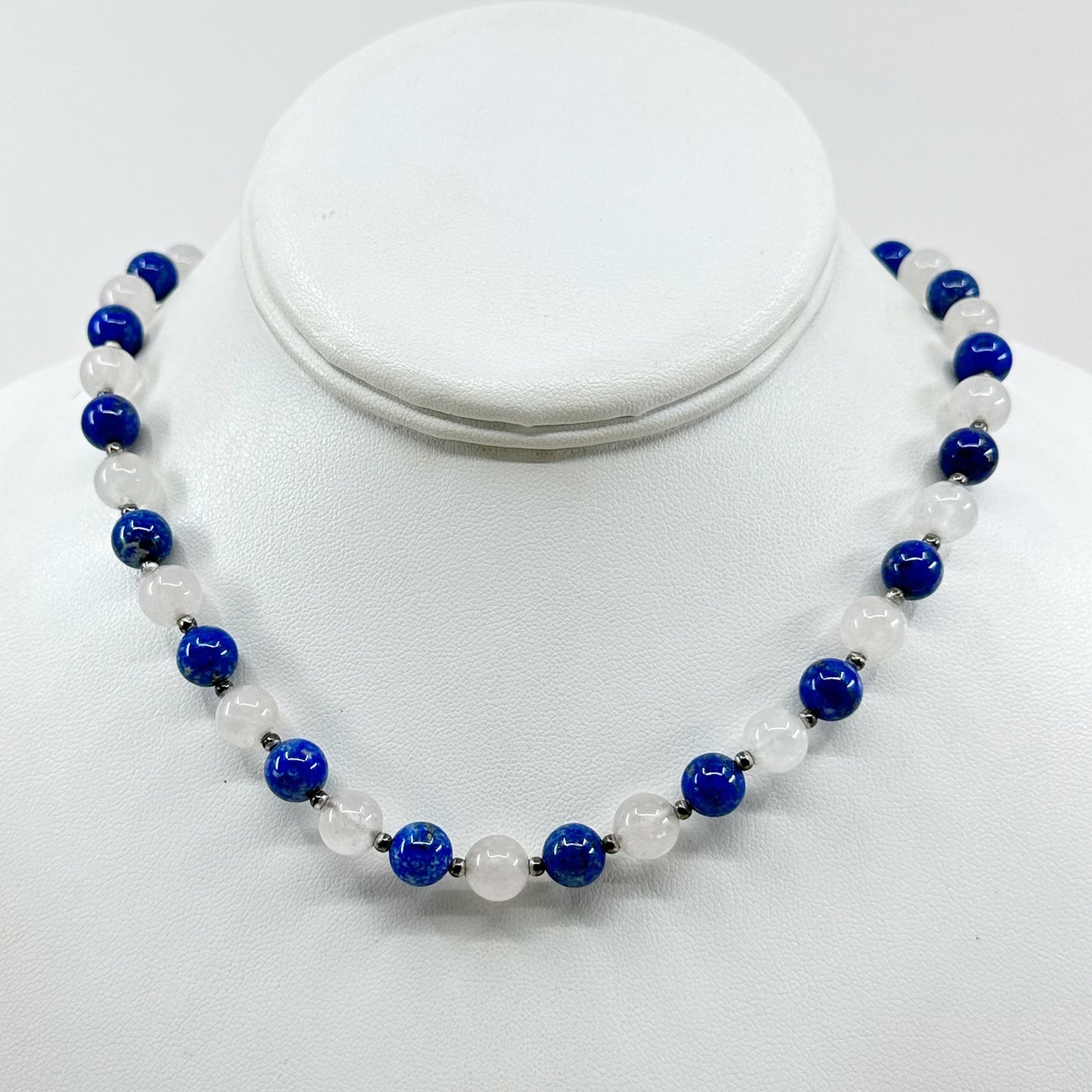Sterling silver quartz & lapis lazuli bead necklace GM824