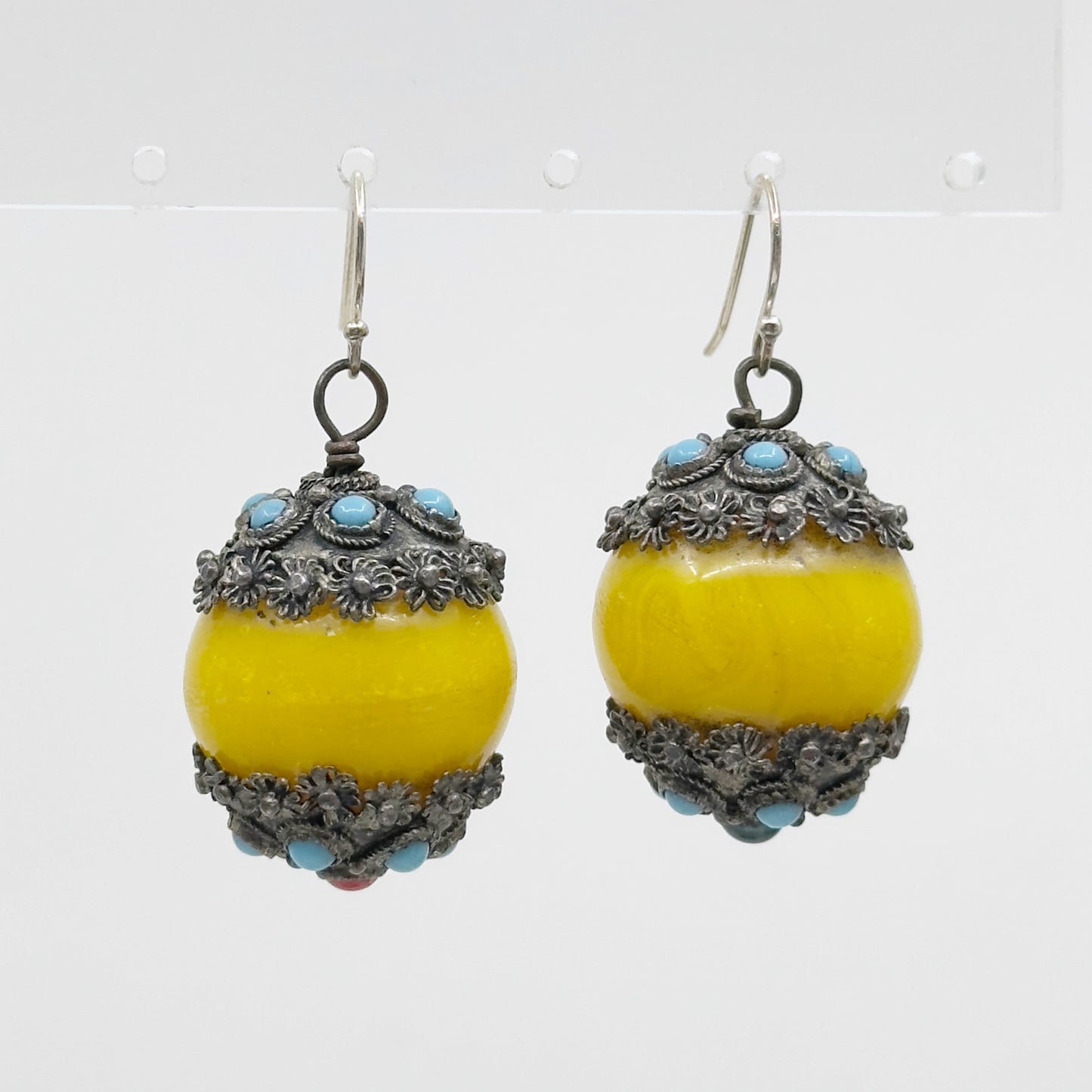 Vintage sterling silver lucite copal amber & turquoise earrings GM847