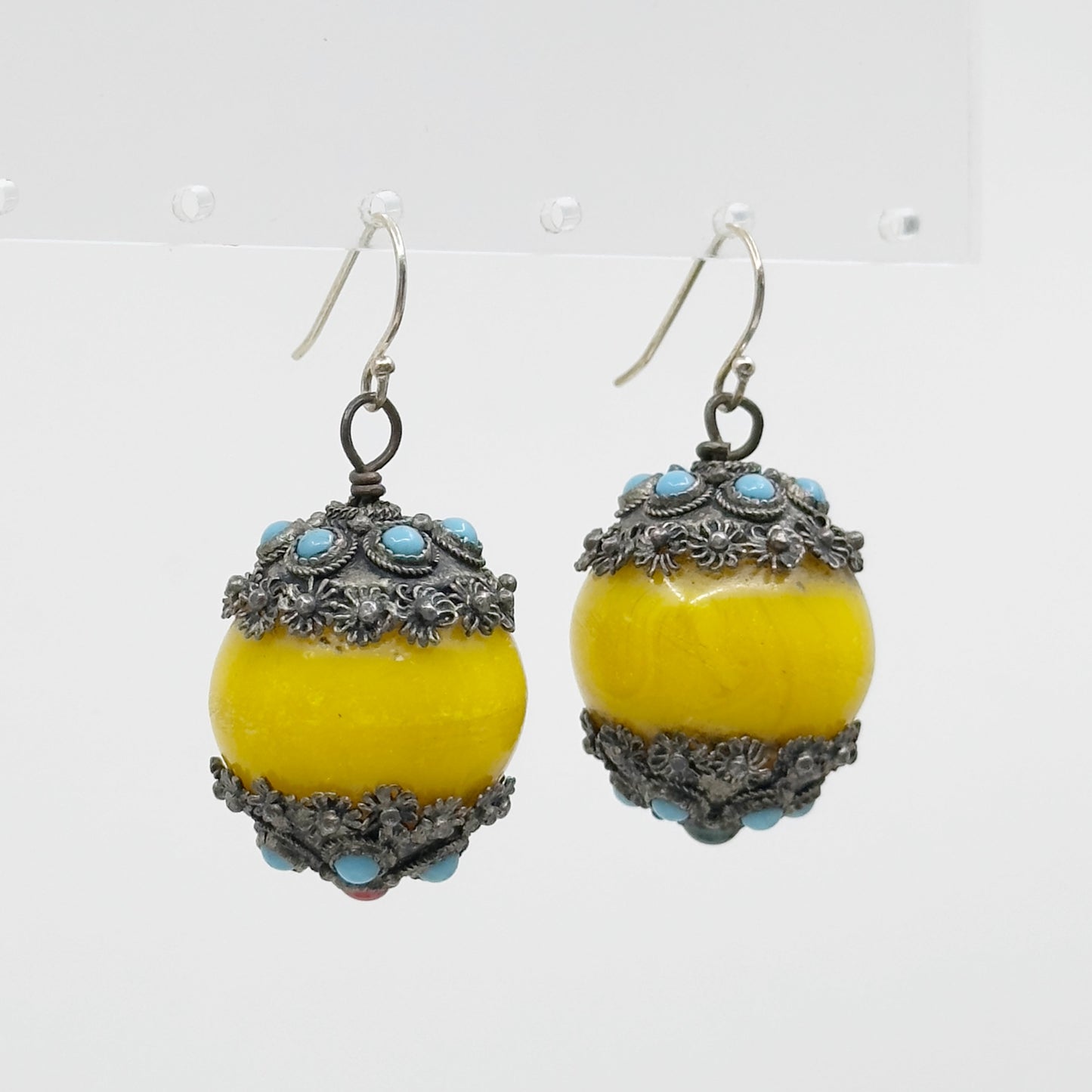 Vintage sterling silver lucite copal amber & turquoise earrings GM847