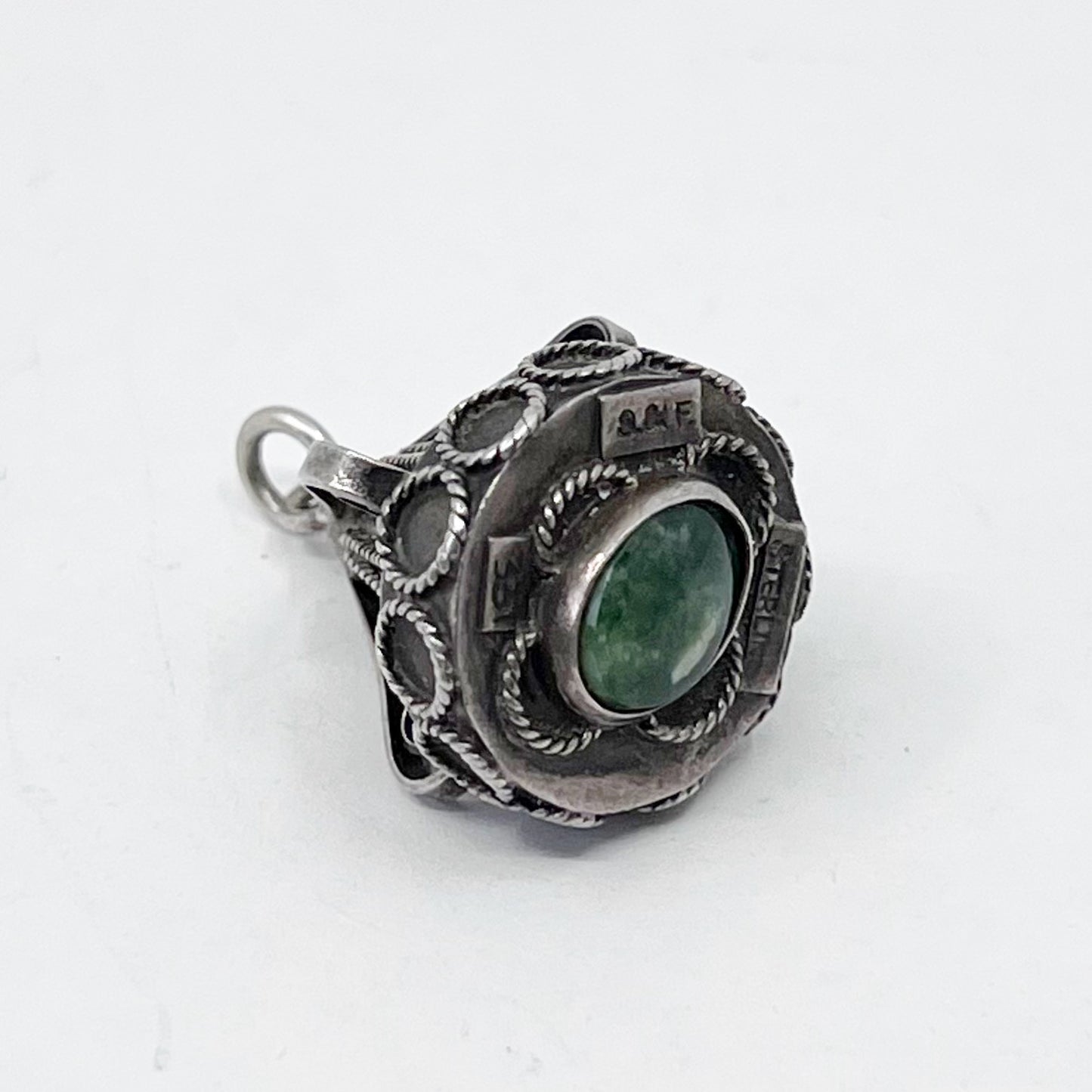 Vintage S&F sterling silver jade Etruscan fob pendant GM876