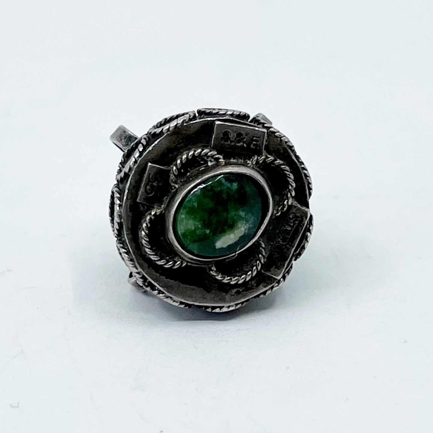 Vintage S&F sterling silver jade Etruscan fob pendant GM876