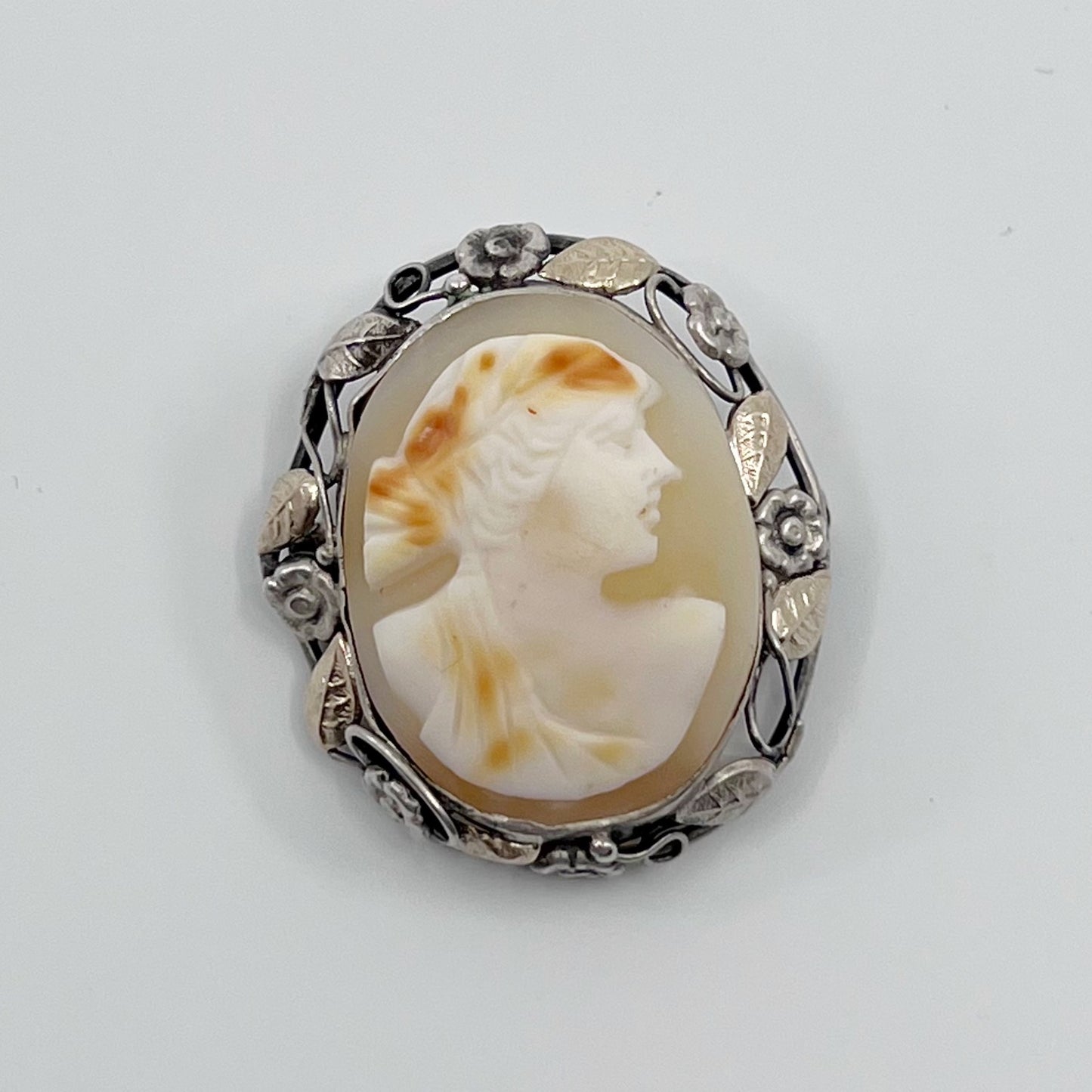 Art nouveau 12k gold filled sterling silver shell cameo brooch GM927