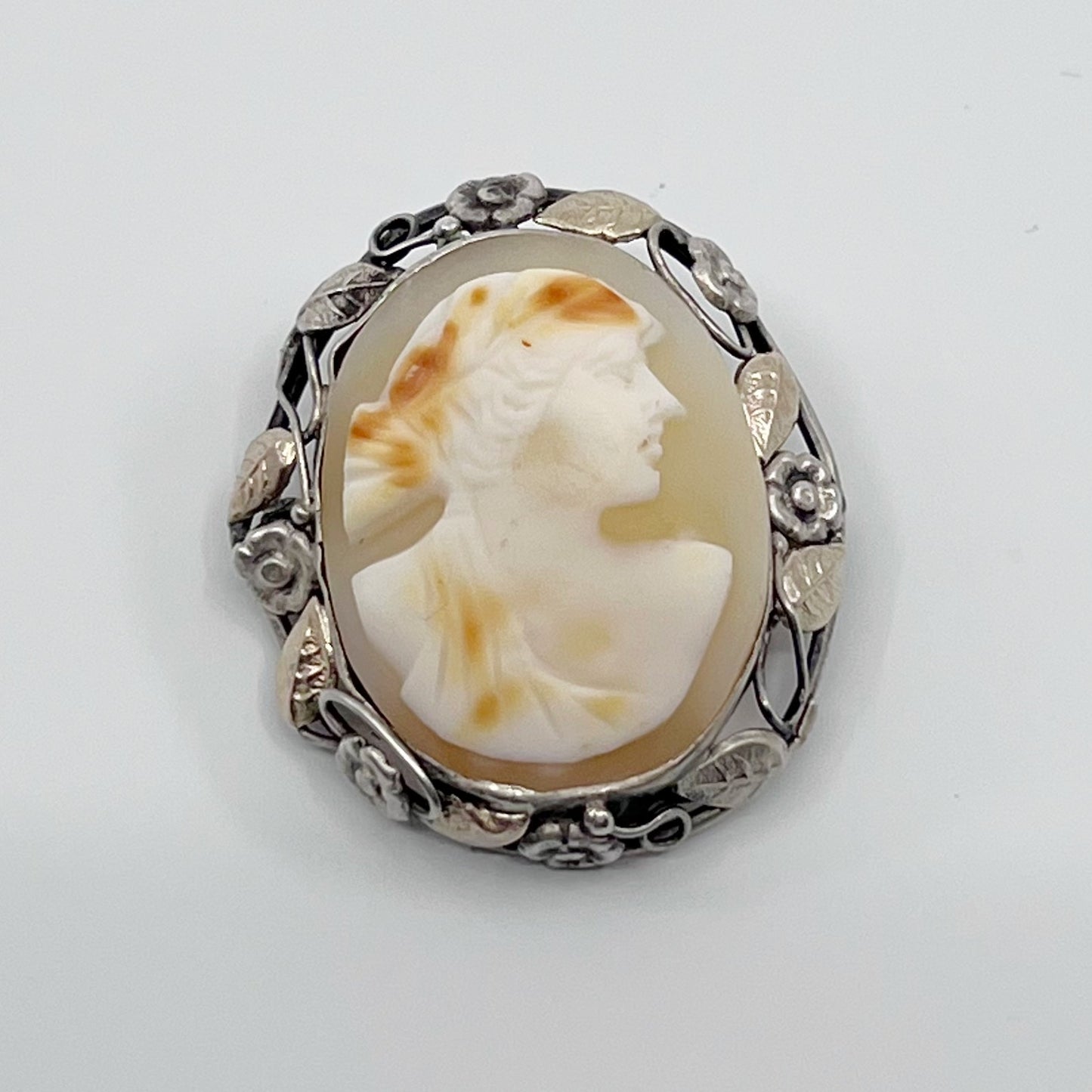 Art nouveau 12k gold filled sterling silver shell cameo brooch GM927