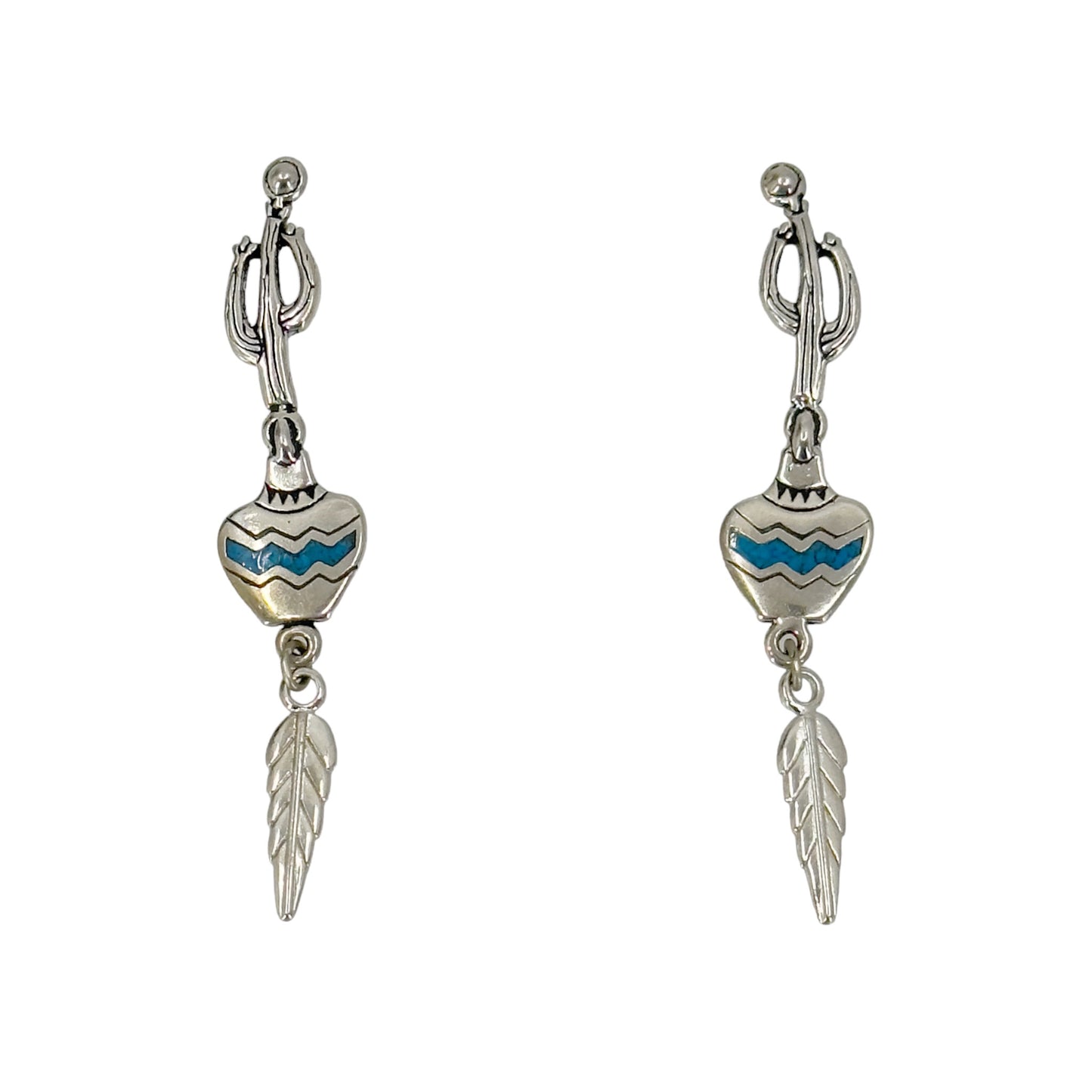 Southwestern silver tone cactus pottery feather dangle turquoise earrings GM928