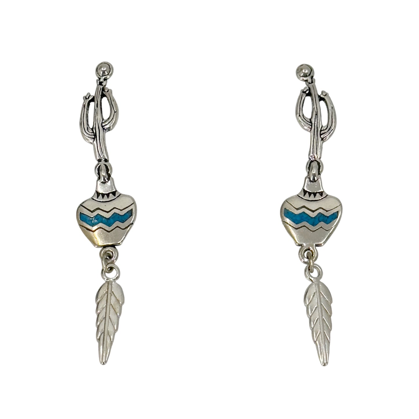 Southwestern silver tone cactus pottery feather dangle turquoise earrings GM928