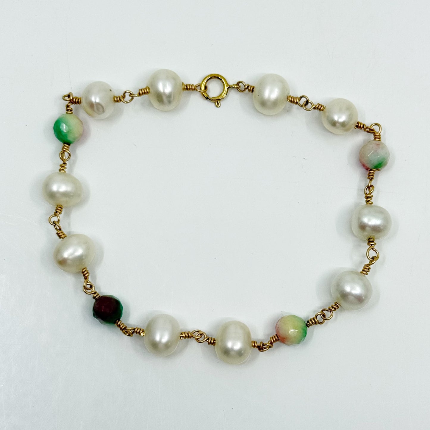 Hand Made 14k gold filled Pearl watermelon tourmaline bracelet