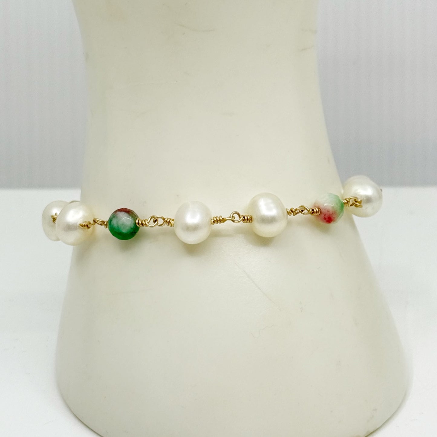 Hand Made 14k gold filled Pearl watermelon tourmaline bracelet