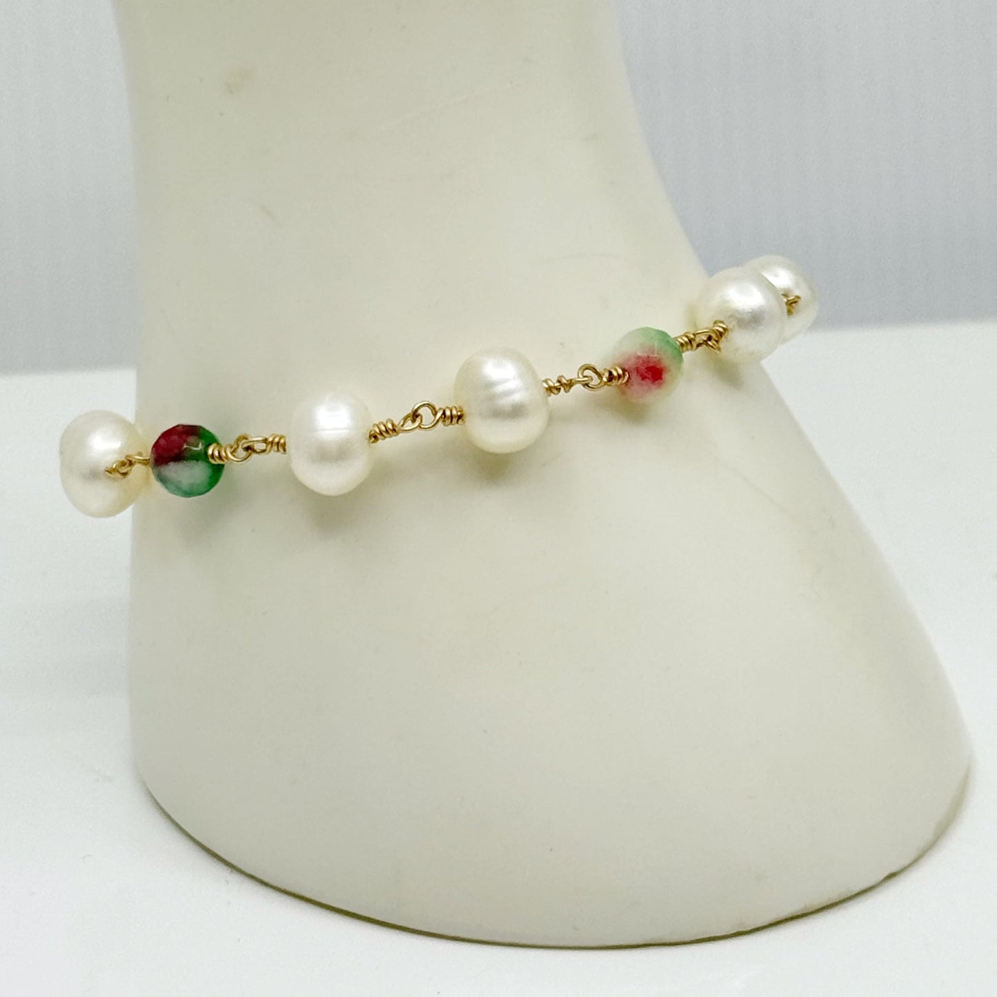 Hand Made 14k gold filled Pearl watermelon tourmaline bracelet
