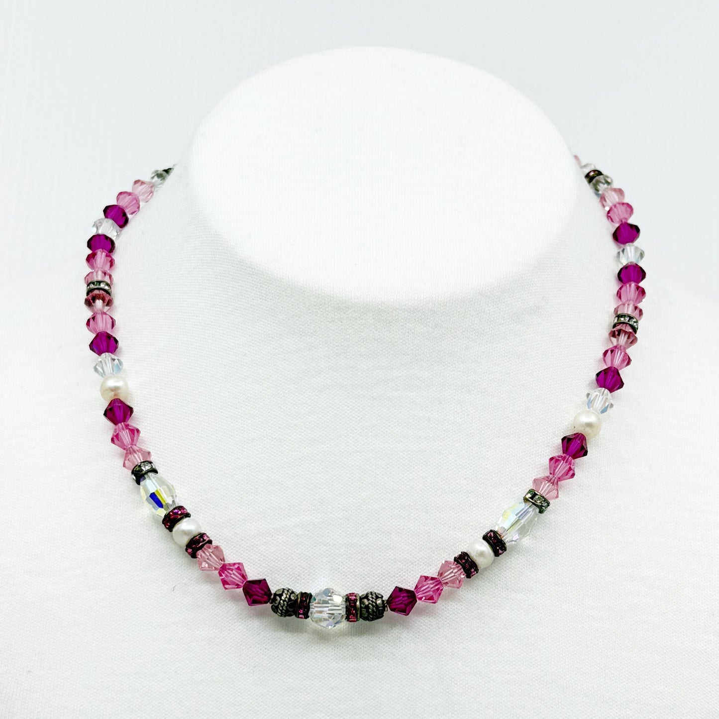 Hand Made sterling silver crystal & freshwater pearl bead necklace