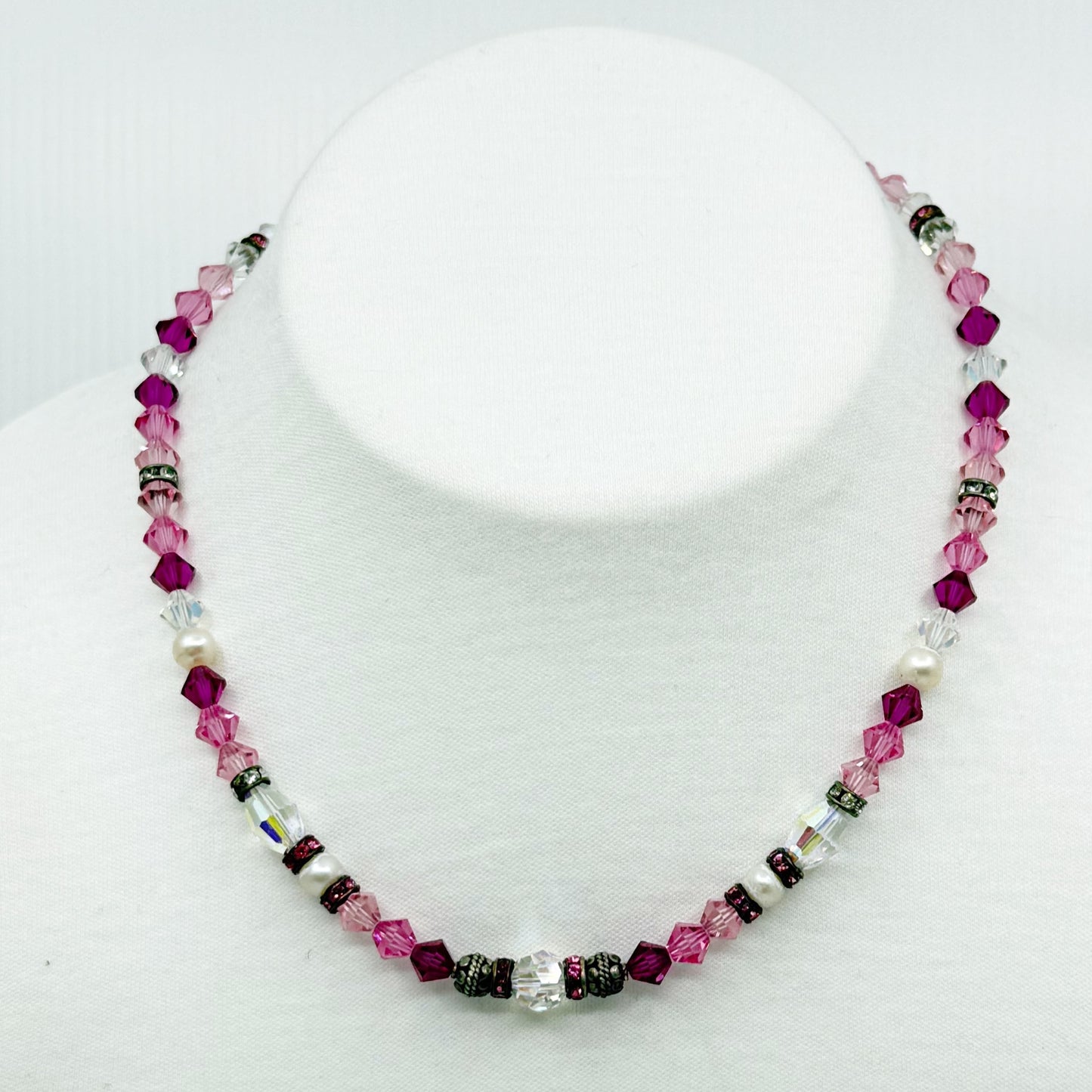 Hand Made sterling silver crystal & freshwater pearl bead necklace