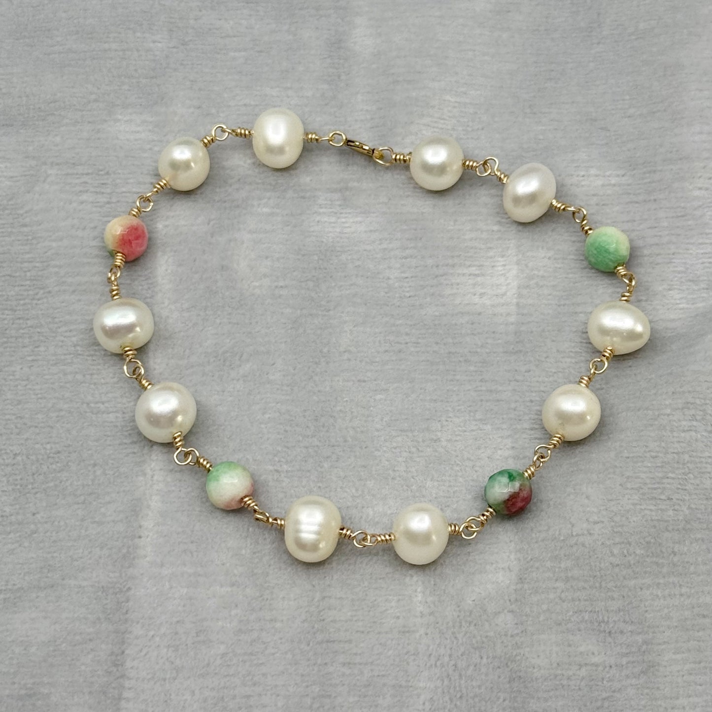 Hand Made 14k gold filled Pearl watermelon tourmaline bracelet