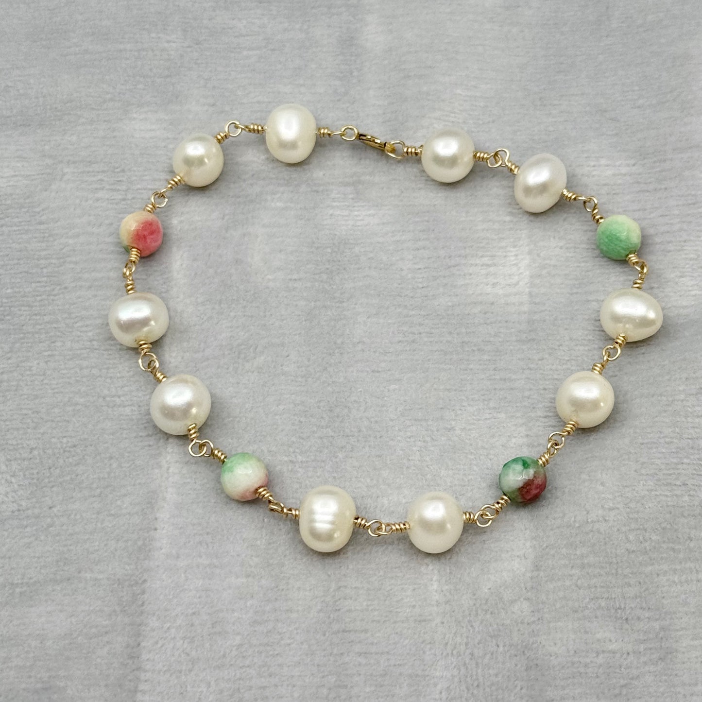 Hand Made 14k gold filled Pearl watermelon tourmaline bracelet