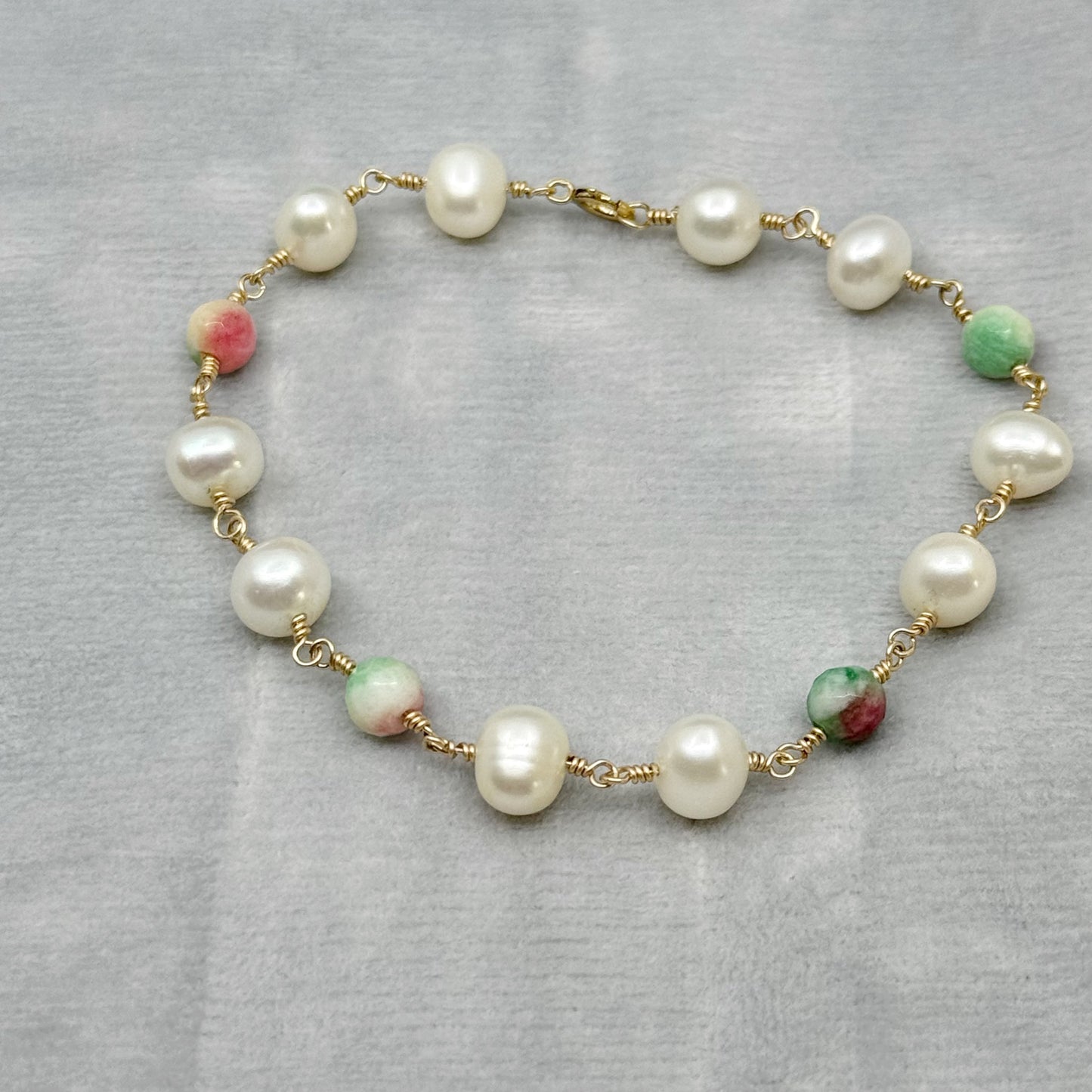 Hand Made 14k gold filled Pearl watermelon tourmaline bracelet