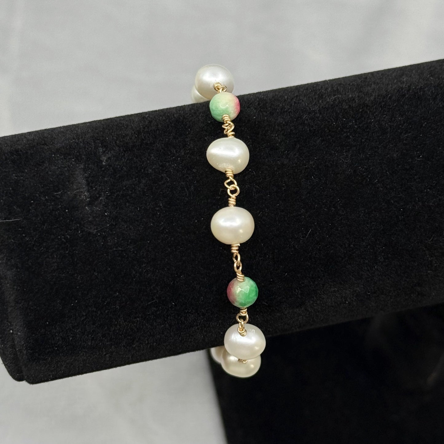 Hand Made 14k gold filled Pearl watermelon tourmaline bracelet