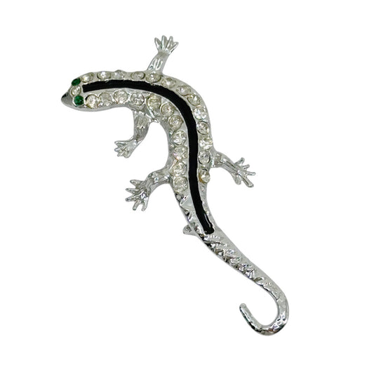 Vintage Rhodium plate emerald & diamante rhinestone Lizard brooch - GM3002