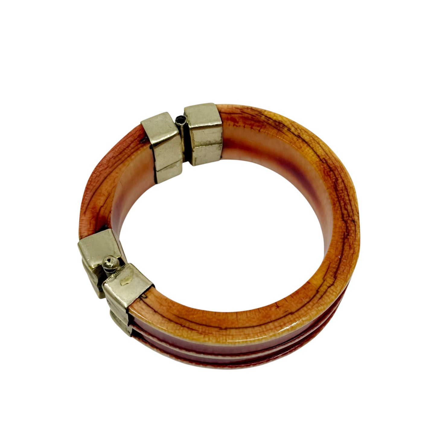 Vintage carved bone silver tone hinged bangle bracelet - GM100