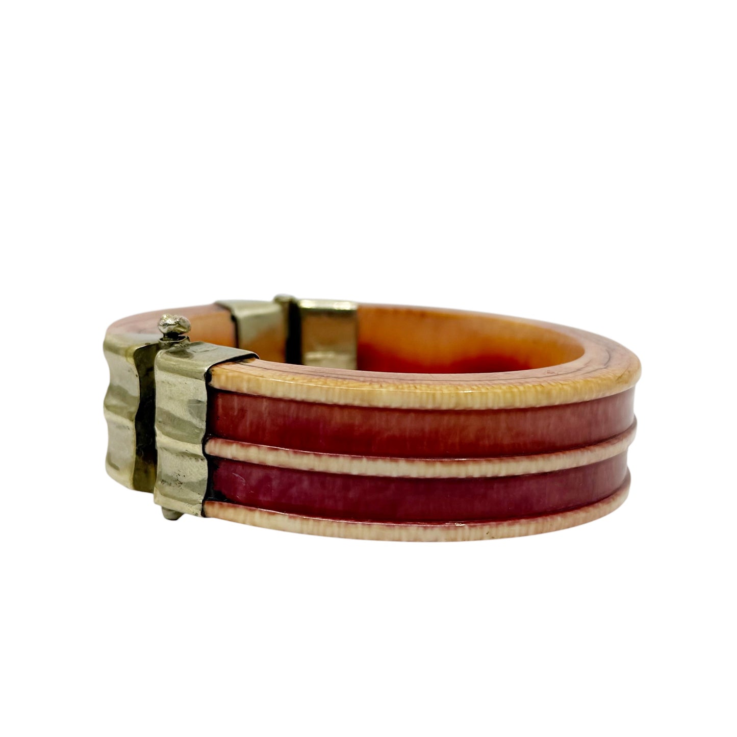 Vintage carved bone silver tone hinged bangle bracelet - GM100