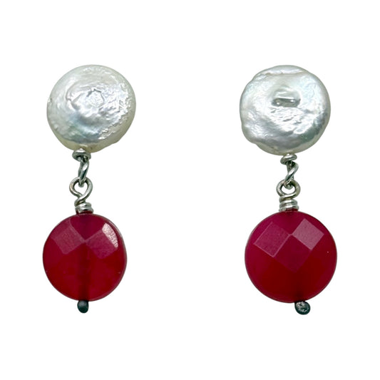 Hand Made sterling silver freshwater pearl & red chalcedony drop earrings - GM1008