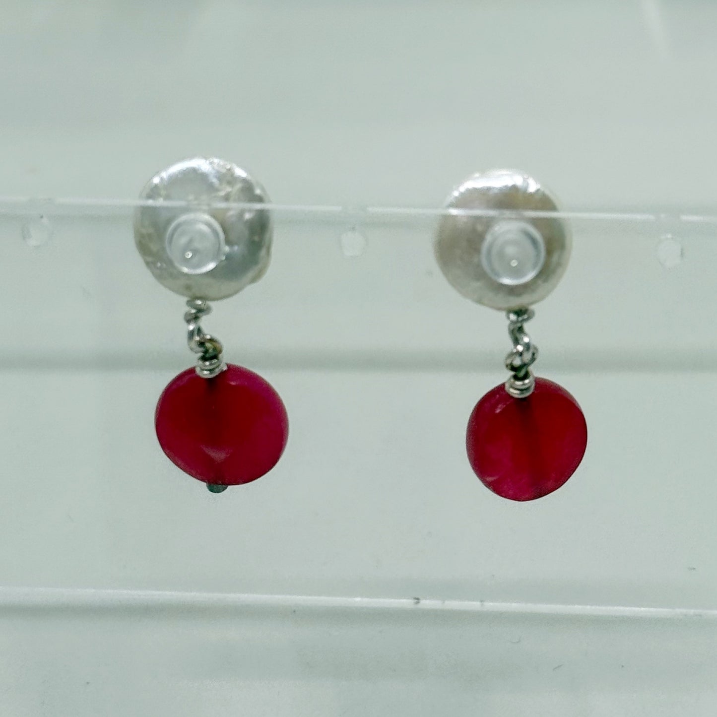 Hand Made sterling silver freshwater pearl & red chalcedony drop earrings - GM1008