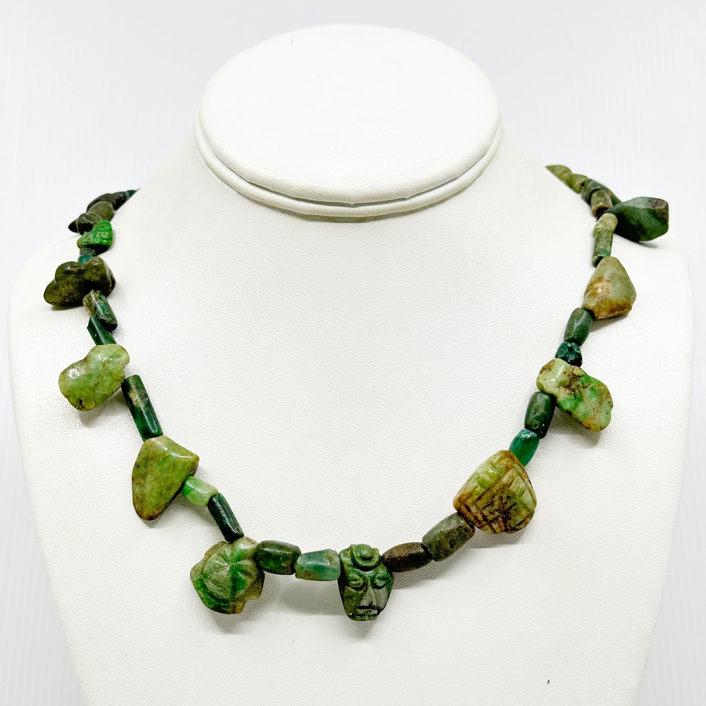 14k gold & sterling silver Maya Guatemala carved Jade  bead necklace