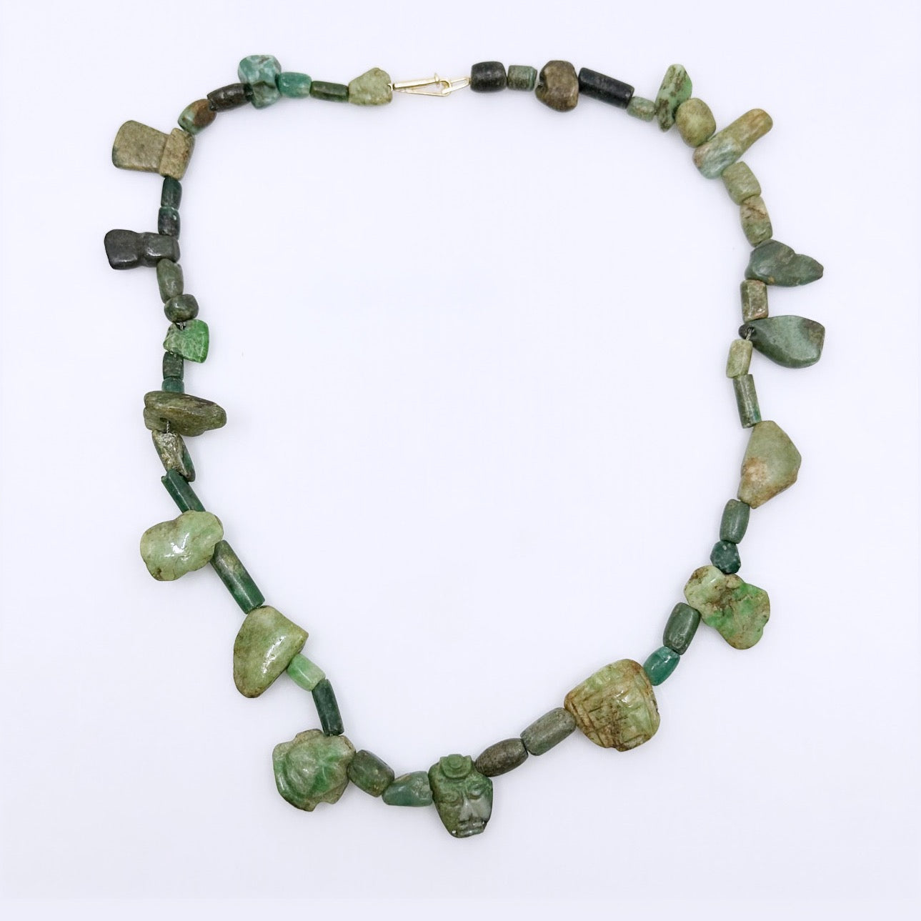 14k gold & sterling silver Maya Guatemala carved Jade  bead necklace