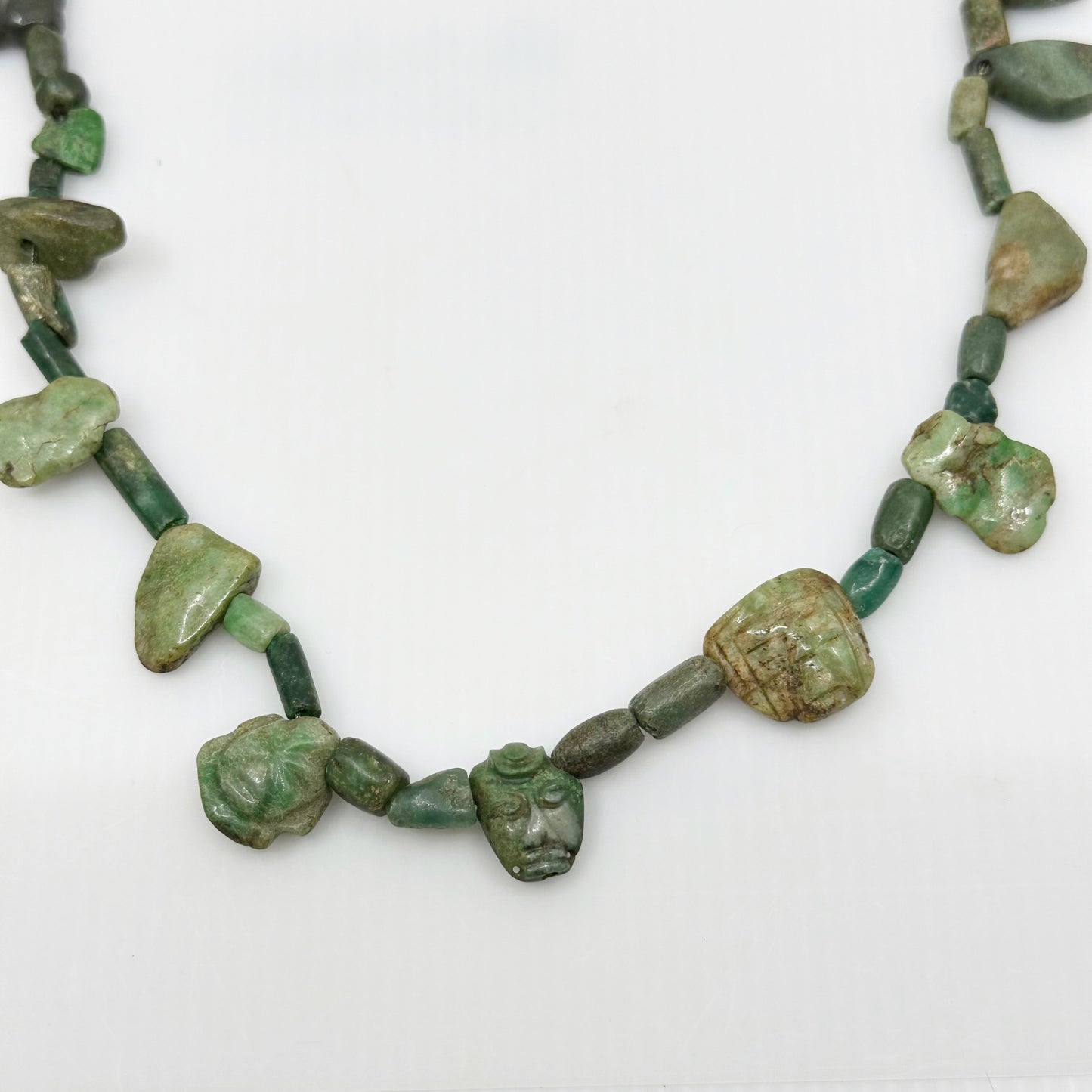 14k gold & sterling silver Maya Guatemala carved Jade  bead necklace