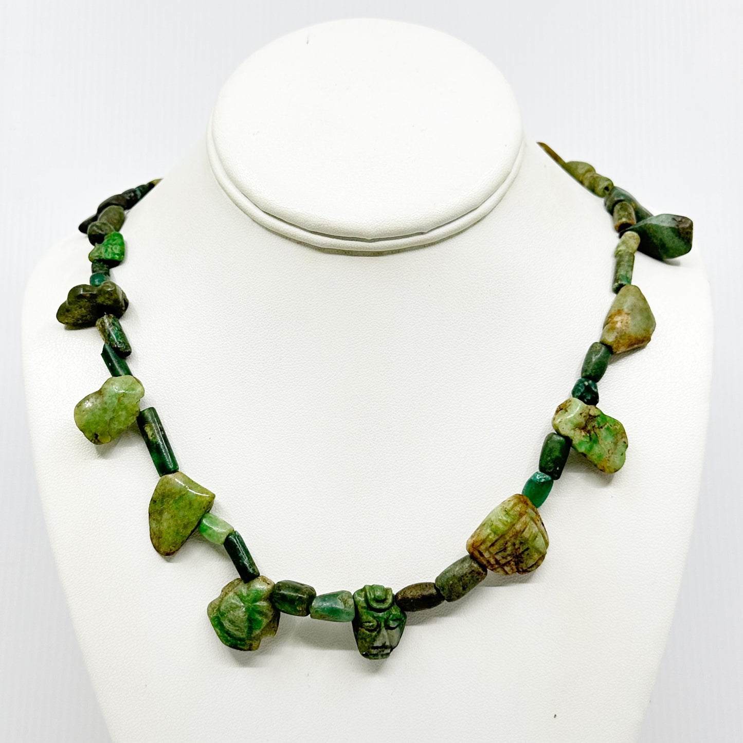 14k gold & sterling silver Maya Guatemala carved Jade  bead necklace