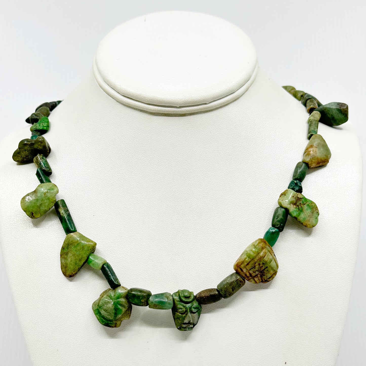 14k gold & sterling silver Maya Guatemala carved Jade  bead necklace