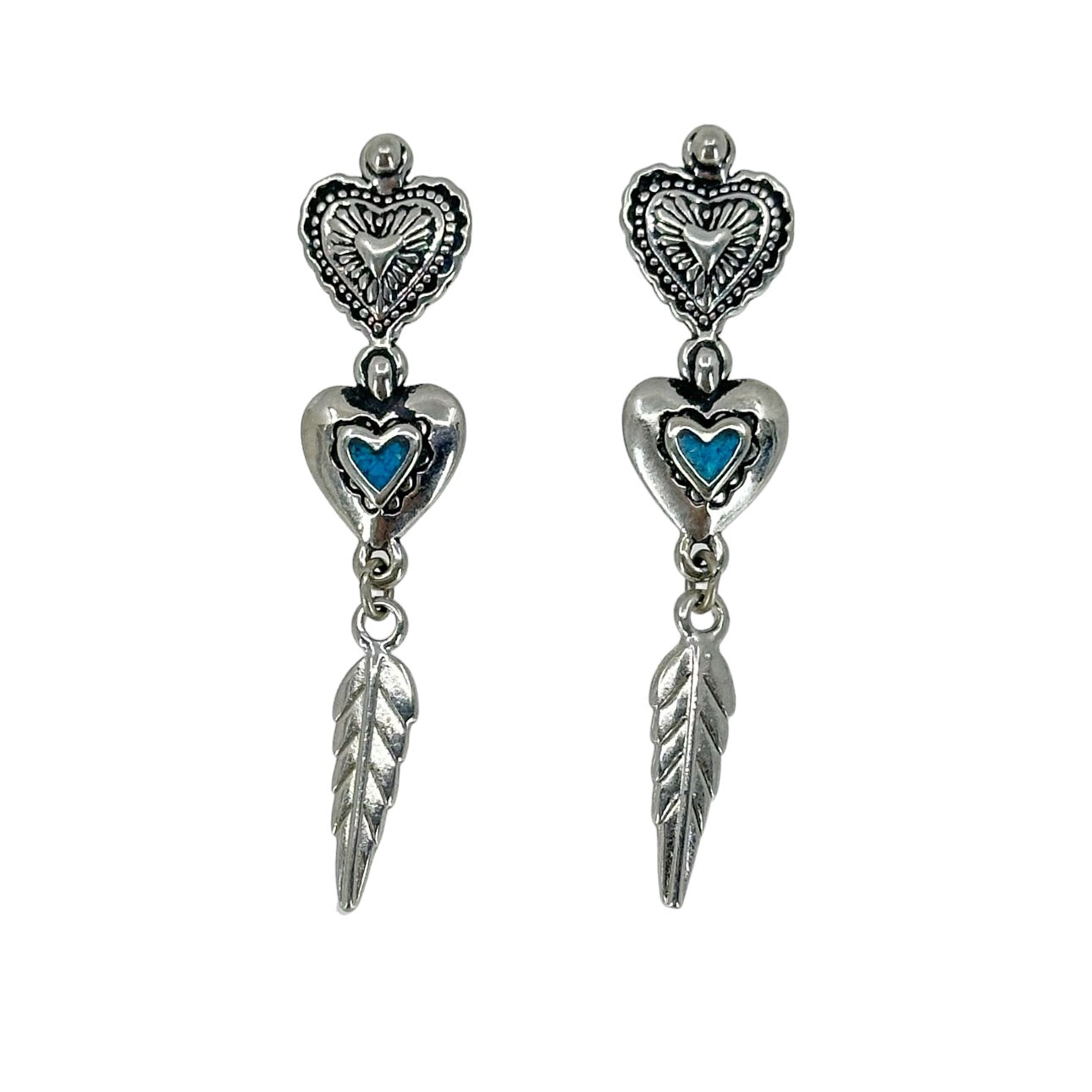 Southwestern silver tone turquoise Heart & feathers dangle earrings