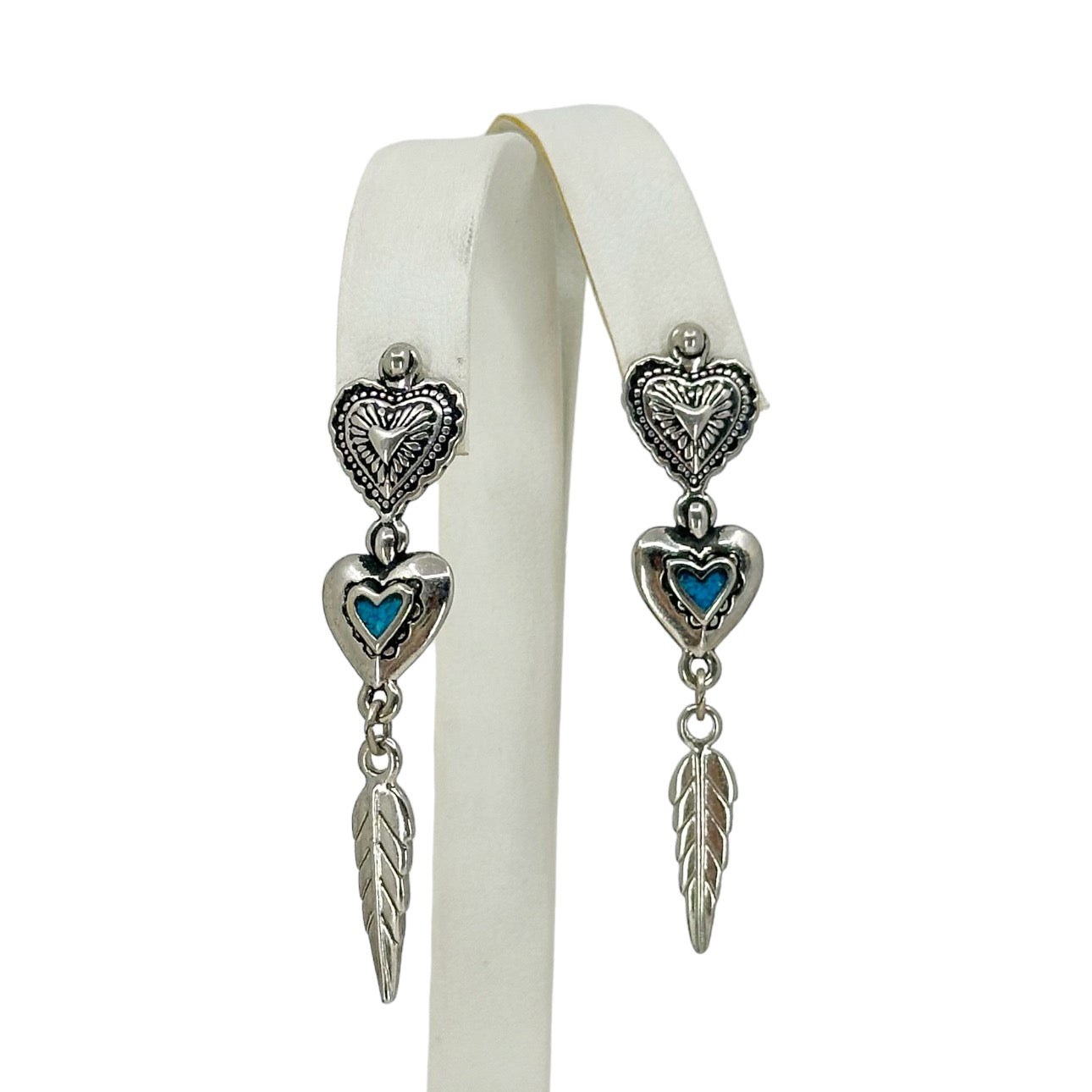 Southwestern silver tone turquoise Heart & feathers dangle earrings