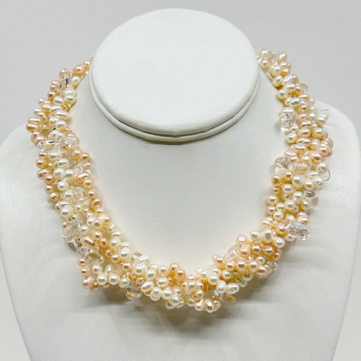 Gold filled cultured pearl & quartz torsade necklace