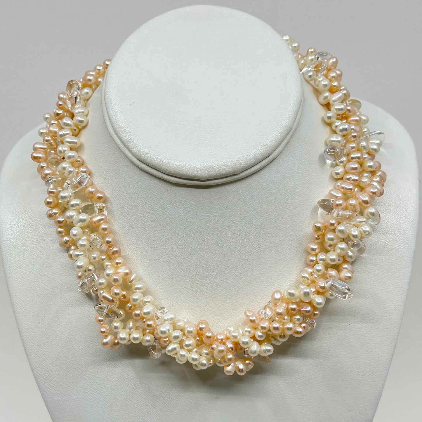 Gold filled cultured pearl & quartz torsade necklace